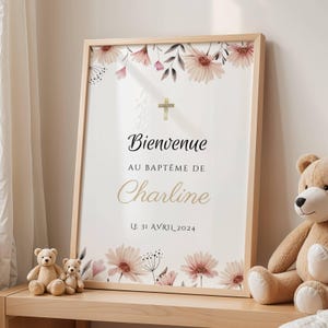 Affiche Bienvenue Baptême Fille – Fleurs Roses – Panneau Personnalisé Anniversaire ou Baptême – Décoration Événement Enfant