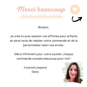 May include: A white background with text in pink and black. The text reads "Merci beaucoup POUR VOTRE VISITE" and other French text. A photo of a woman is in the bottom right corner.