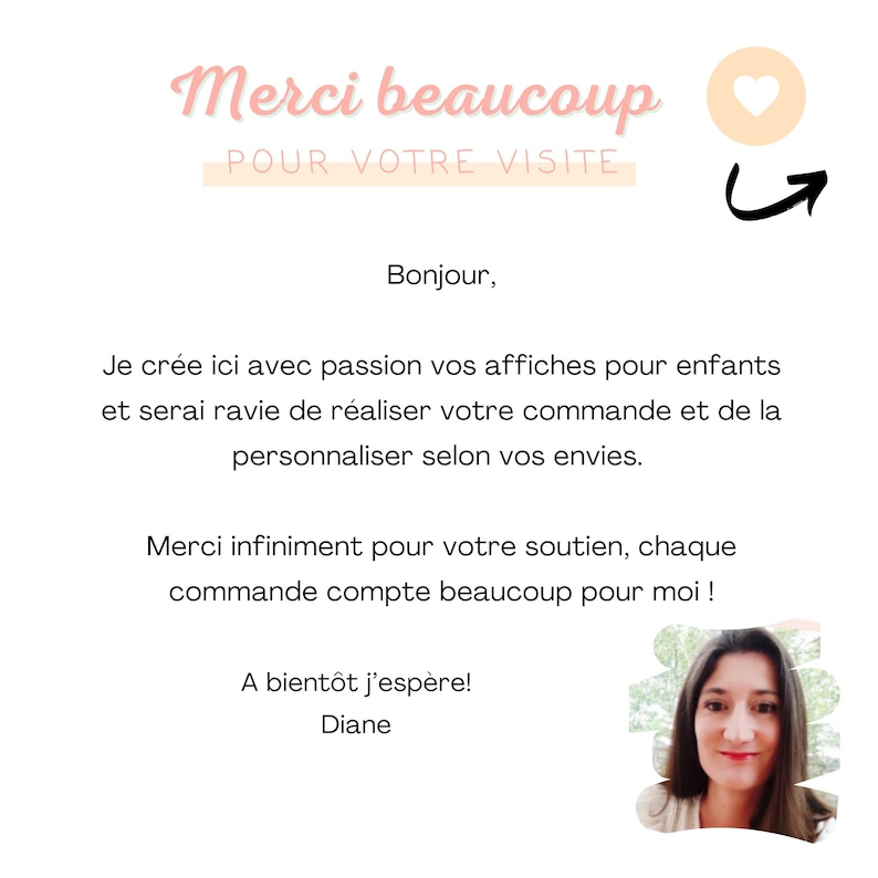 May include: A white background with text in pink and black. The text reads "Merci beaucoup POUR VOTRE VISITE" and other French text. A photo of a woman is in the bottom right corner.