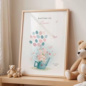 Affiche arbre à empreintes lapin personnalisé fille garcon – Lapin & ballons– Déco baptême, anniversaire, baby shower