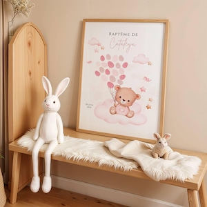 Affiche arbre à empreintes personnalisé fille – Ours rose et ballon – Déco baptême, anniversaire, baby shower