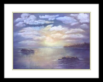 Scenic landscape painting, Original soft pastel drawing of a sunset and clouds reflectiing over serene water, Seascape painting, Etheral art