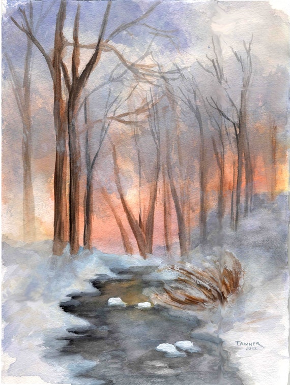 Items similar to Original Watercolor Painting Winter Twilight. Winter