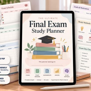 Puede incluir: Una tableta digital que muestra la portada de un planificador de exámenes finales con libros, un birrete y varios iconos. La pantalla indica 72 páginas, PDF imprimible, compatibilidad digital y una tabla de contenido con hipervínculos.