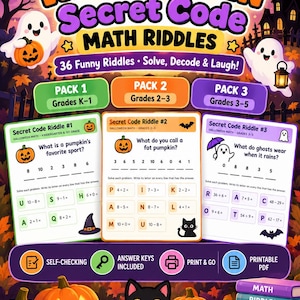 Könnte beinhalten: Ein Halloween Secret Code Mathe-Rätsel PDF-Set zum Ausdrucken mit 36 lustigen Rätseln für die Klassen K-5. Das Dokument enthält drei Pakete mit Matheaufgaben, Lösungsschlüsseln und einem Format zur Selbstkontrolle.