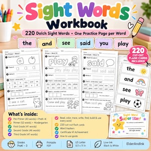 May include: A Sight Words Workbook featuring 220 Dolch sight words with practice pages for reading, tracing, writing, and building words. Includes 220 cut-out flash cards, a certificate of achievement, and a how-to guide in a black and white 8.5 x 11 inch format.