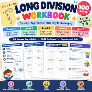 Peut inclure: Un cahier d'exercices de division longue de 100 pages pour les niveaux 3 à 5. La couverture présente des instructions étape par étape, cinq niveaux de difficulté et des exemples de pages avec des problèmes de division et des problèmes écrits.