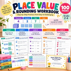 May include: A Place Value & Rounding Workbook with 100 pages for grades 2-4. The cover features colourful educational charts, base-ten block illustrations, and five levels of maths practice. Includes a progress tracker and a certificate.