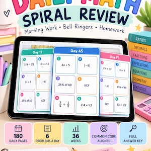 May include: A digital tablet displays 6th Grade Daily Math Spiral Review worksheets with math problems like fractions, decimals, and expressions. The screen shows Day 12, 45, and 97. Below are icons for 180 pages, 6 problems a day, 36 weeks, Common Core alignment, and an answer key.