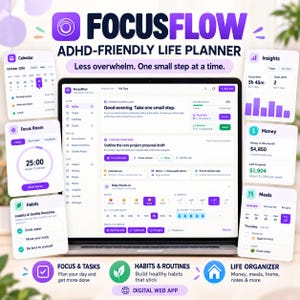 ADHD Life Planner App | Daily Tasks, Habits, Budget & Meal Planner | Offline HTML (Digital Download)