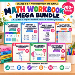 Op de afbeelding: Een wiskunde werkboek mega bundel met zeven educatieve werkboeken voor groep 4 t/m 8. De set bevat meer dan 900 pagina's over getalbegrip, optellen, aftrekken, vermenigvuldigen, delen, breuken en tekstsommen inclusief antwoorden.