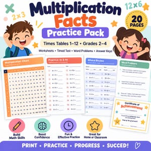Puede incluir: Un paquete de práctica de tablas de multiplicar con 20 páginas de hojas de trabajo, pruebas cronometradas, problemas matemáticos y claves de respuestas para grados 2-4. Incluye una tabla de multiplicar, ejercicios del 1 al 12 y un diploma.