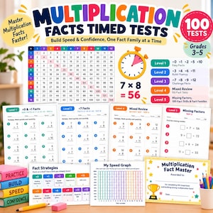 Peut inclure: Un ensemble de tests chronométrés sur les tables de multiplication pour les niveaux 3 à 5, comprenant une table de multiplication, cinq niveaux de feuilles d'exercices, un graphique de vitesse, des cartes de stratégies et un certificat illustrés.