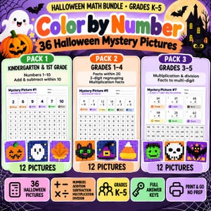 Peut inclure: Un ensemble de mathématiques d'Halloween comprenant 36 images mystères à colorier par numéro pour les niveaux K-5. Le lot inclut trois paquets couvrant l'addition, la soustraction, la multiplication et la division, avec des fiches et corrigés.