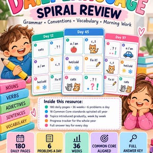 Revisão diária em espiral da linguagem para o 1º ano, 180 dias de atividades matinais de gramática (PDF)