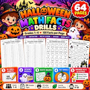 May include: A 64-page Halloween math facts drill workbook for grades 1-4 featuring addition, subtraction, multiplication, and division exercises. The cover displays cartoon characters, pumpkins, and ghosts with text including "Halloween Math Facts Drills," "64 Pages," and "Grades 1-4." The pages are 8.5 x 11 inches.