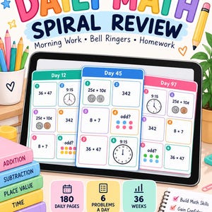 May include: A 2nd Grade Daily Math Spiral Review educational resource featuring 180 days of content. The display shows math problems including addition, time, money, and odd number identification. Includes 6 problems a day, 36 weeks, and answer key.