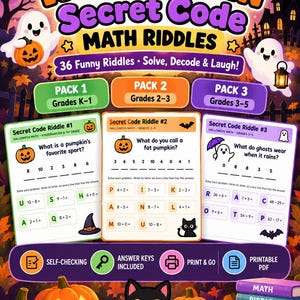 Puede incluir: Un conjunto de acertijos matemáticos Halloween Secret Code en PDF imprimible con 36 adivinanzas divertidas para los grados K-5. El documento incluye tres paquetes con problemas matemáticos, claves de respuestas y formato de autocorrección.