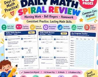 May include: A 5th grade daily math spiral review workbook featuring 180 pages of practice. The cover displays math topics like fractions, decimals, and geometry, alongside two sample daily review worksheets and a progress tracker for students.
