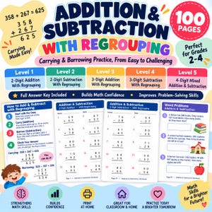 Addition & Subtraction with Regrouping Workbook, 100 Pages, Grades 2-4 (PDF Download)
