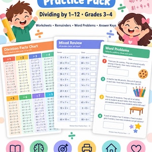 Division Facts Practice Pack, Grades 3-4, Printable Worksheets (Digital Download)