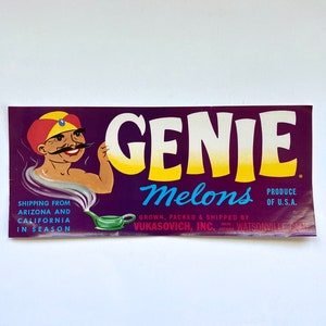 Vintage 1950&#39;s Produce Crate Label - Genie California Melons! Cute Vintage Cartoon Genie!