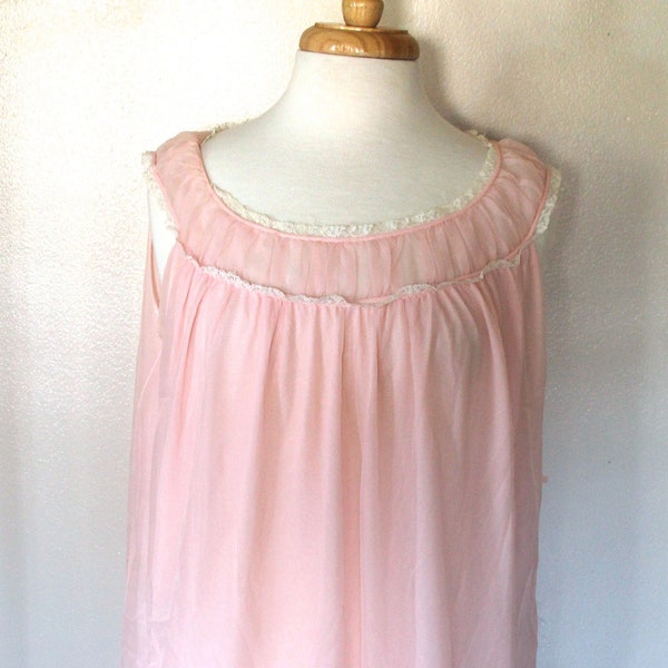 Vintage 1950's/1960's Sheer Light Pink Chiffon Sleeveless Flowy Babydoll Nightgown with Lace Detail - Size LG / Cute Vintage Nightie!