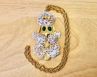 Vintage 1950s/1960s Gold Tone and White Large Poodle Pendant with Green Eyes!