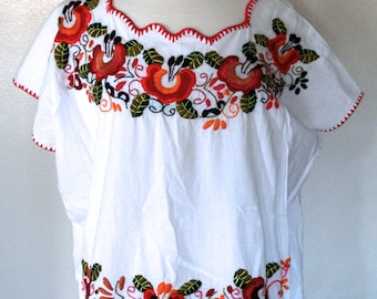 Vintage Women's White Mexican Embroidered Blouse with Bright Orange Green and Red Floral Design Size Large!