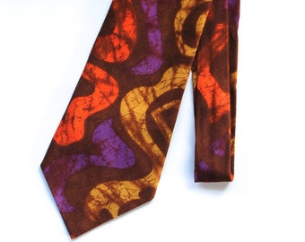 Vintage 1960s/1970s Wide Textured Cotton Necktie - Abstract Brushstroke Design - Orange, Brown, Purple