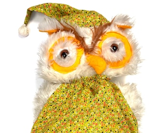 1970s Kitschy Large Owl Plush Doll / Retro Stuffed Animal / Vintage Seventies Plush Dolls / Rosette Doll Company / Bright Retro Toys