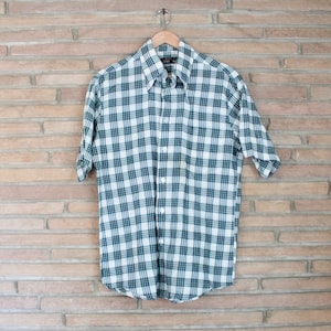 Vintage 1960s Dark Green and White Plaid Men&#39;s Short Sleeve Button-Down Shirt Size Medium / Penney&#39;s Towncraft Brand