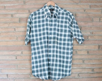 Vintage 1960s Dark Green and White Plaid Men's Short Sleeve Button-Down Shirt Size Medium / Penney's Towncraft Brand