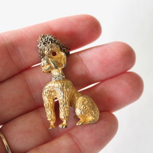 Vintage 1950s/1960s Gold Poodle Pin/Brooch with &quot;Hair&quot; and Rhinestone Eyes