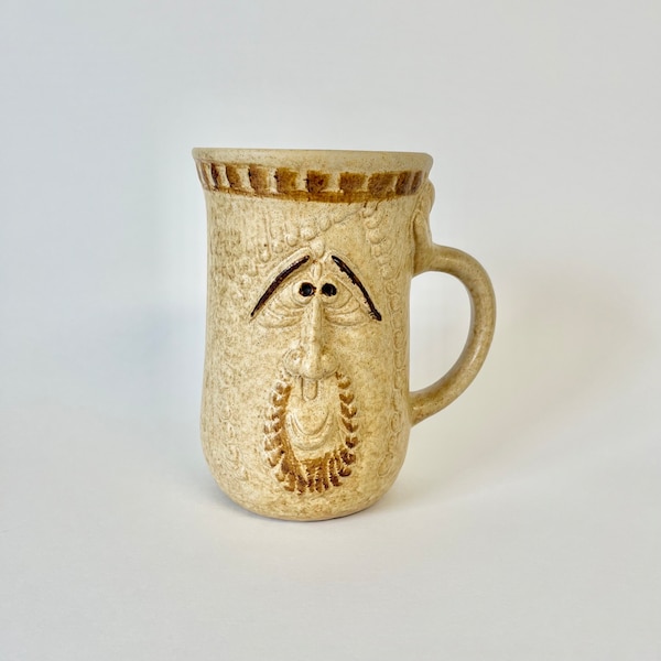 Vintage 1970's Silly Funny Face Unusual Sculpted Ceramic Mug | Tan and Brown