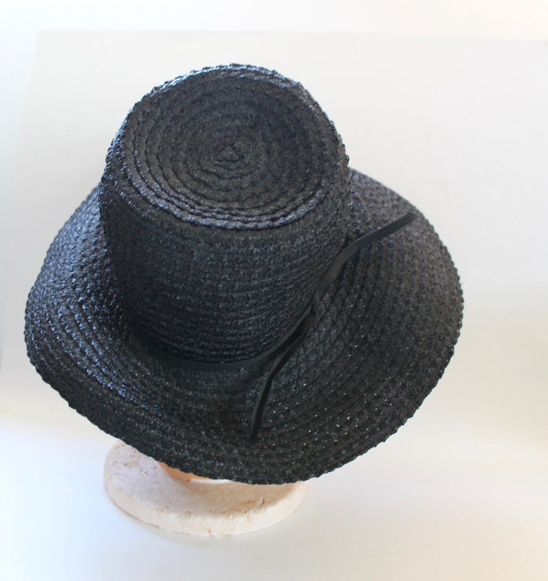 Vintage 1960s1970s Womens Black Woven Straw Wide Brim Hat with Ribbon Bow