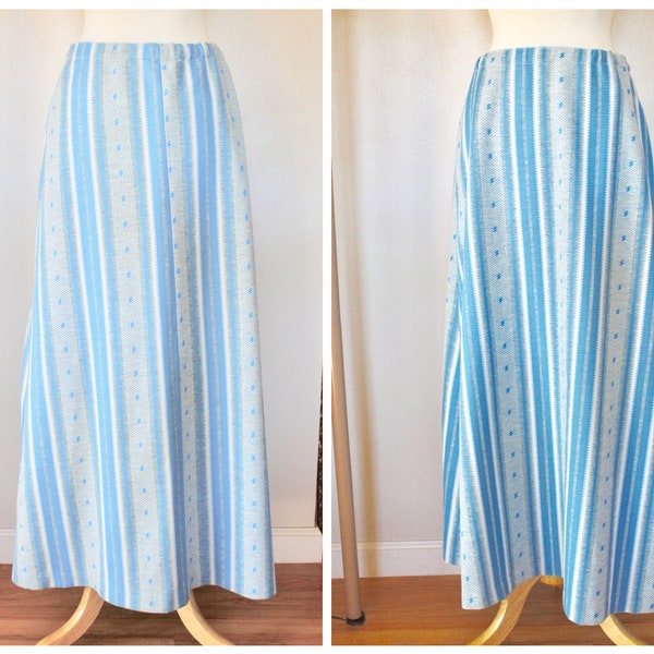 Vintage 1960's/1970's Women's Light Blue, Grey, and White Striped A Line Long Ankle-Length Maxi Skirt - Size Large