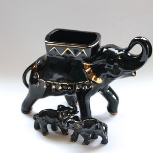 Vintage 1950&#39;s Black and Gold Ceramic Elephant Figurine Planter Set of 3! Cute!
