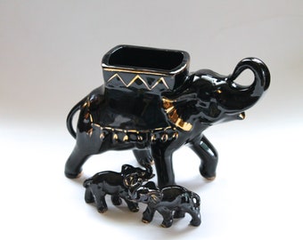 Vintage 1950's Black and Gold Ceramic Elephant Figurine Planter Set of 3! Cute!