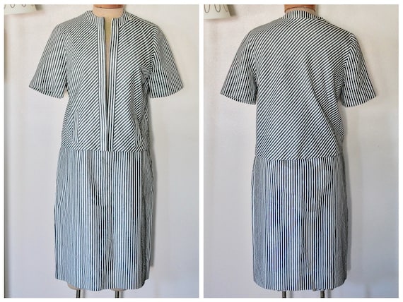 1960s Womens Striped Charcoal Gray and White Seer… - image 1