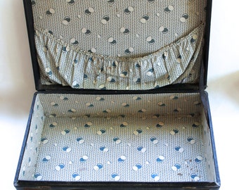 Vintage 1930s Black Suitcase with Cool Bubble Pattern Fabric Lining! Rare!