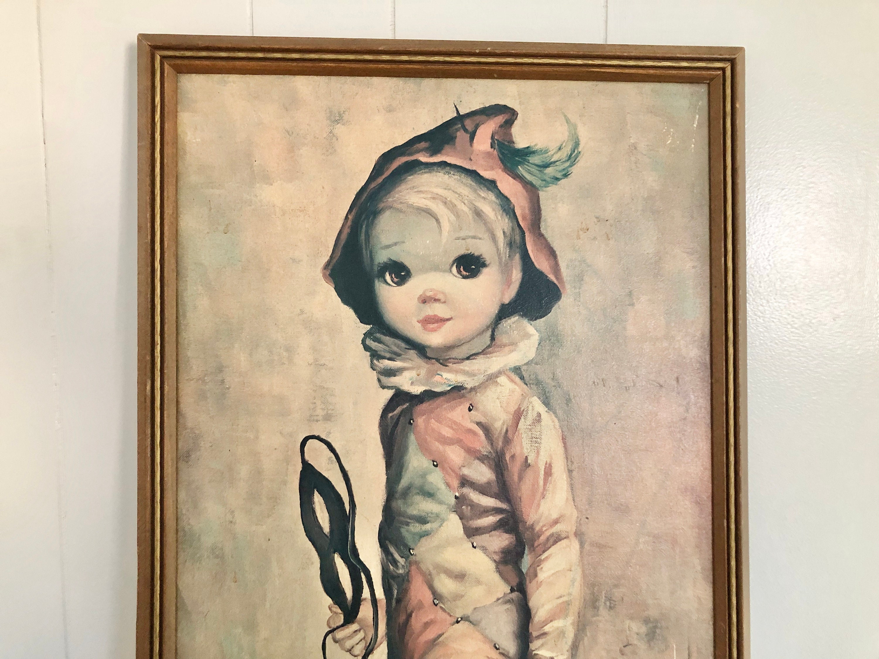 VintaGe 60s Kitsch Framed MCM Art Print Cartoon-y Big Eyes
