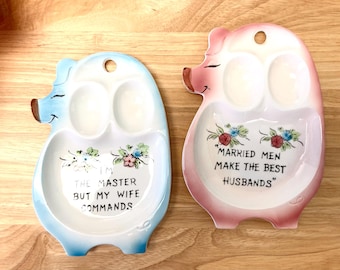 Vintage 1960's Kitschy Ceramic Husband and Wife Spoon Rest/Trivet Set! Vintage Kitchen!