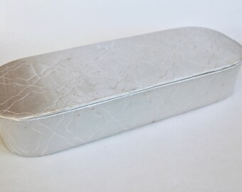 Vintage 1950s/1960s Long Light Gray/Silver Satin Quilted Box/ Stocking Holder for Vanity Table, Jewelery, Lingerie Storage