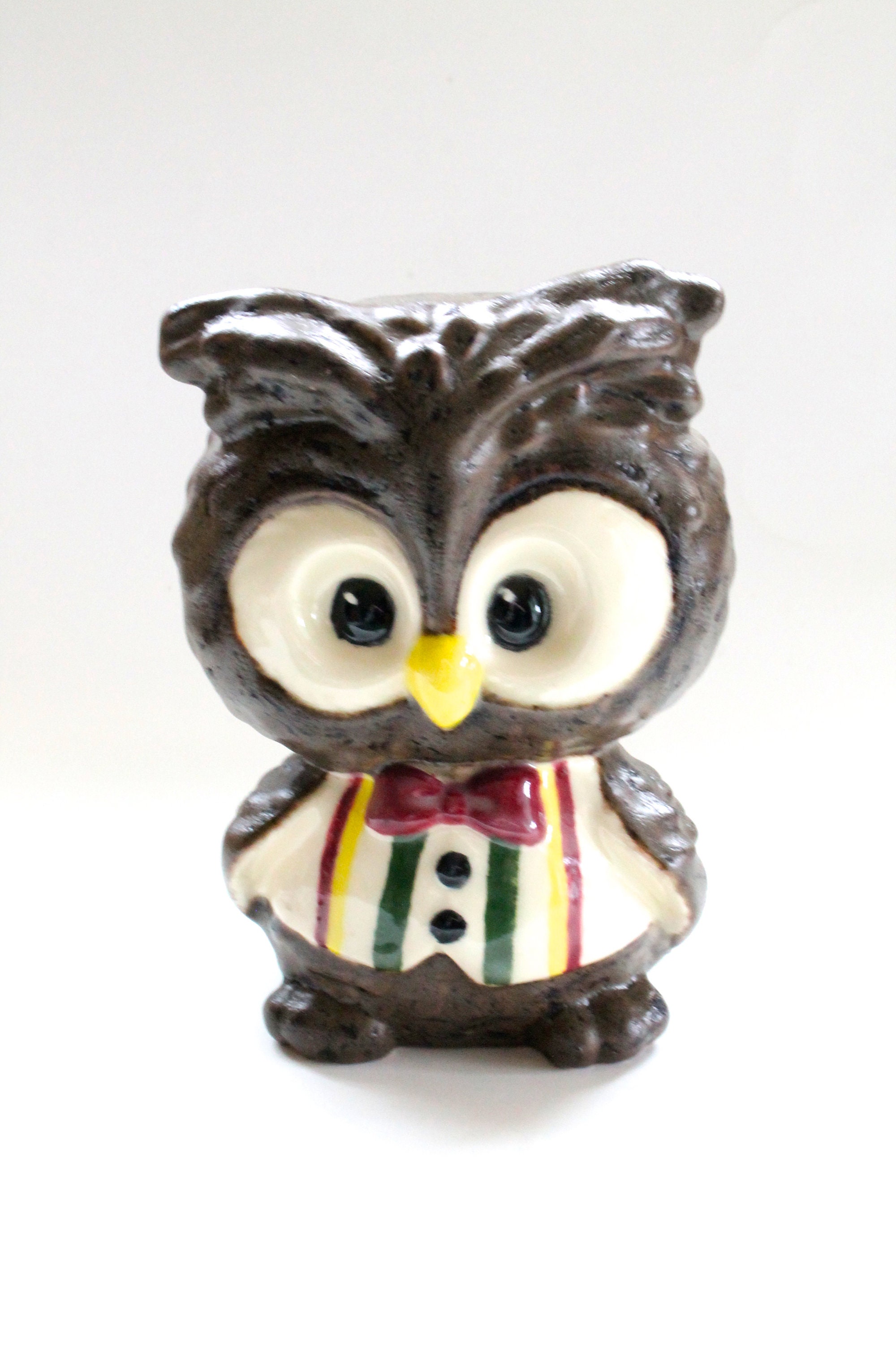 Vintage 1970s Owl with Bowtie Ceramic Figurine