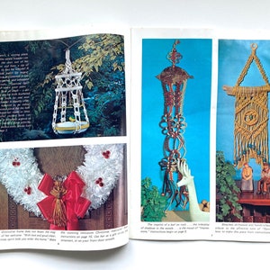 May include: A book page showing three macrame projects: a bird feeder, a hanging lamp, and a wall hanging. The projects are made with natural fibers and feature intricate knot patterns. The page also includes instructions on how to make each project.