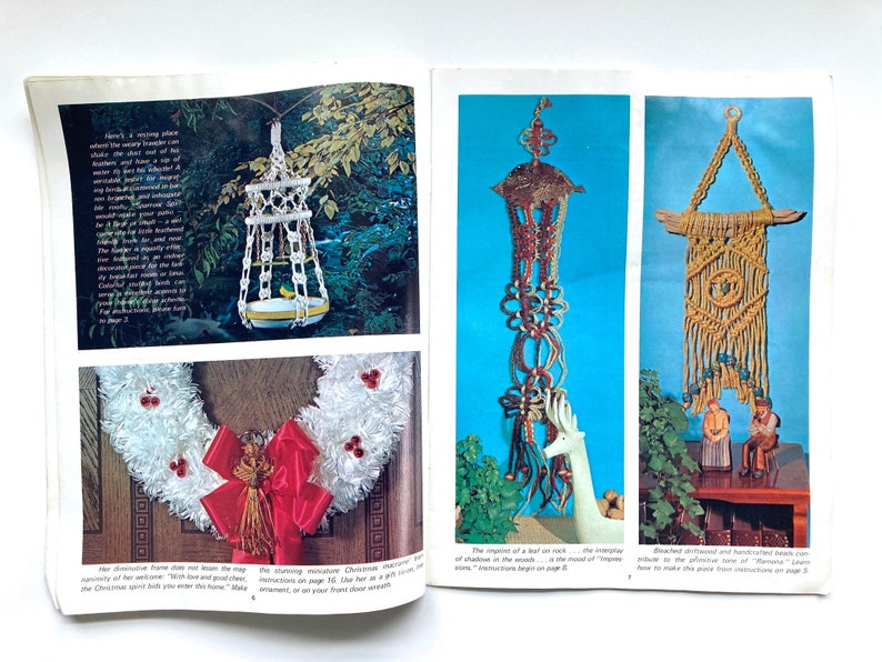 May include: A book page showing three macrame projects: a bird feeder, a hanging lamp, and a wall hanging. The projects are made with natural fibers and feature intricate knot patterns. The page also includes instructions on how to make each project.