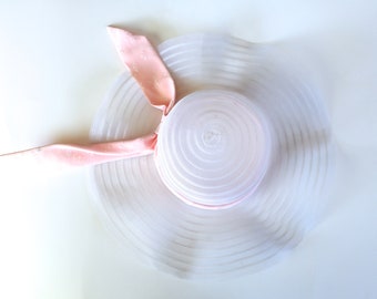 Vintage 1960s Ladies White Sheer Woven Wide Brim Hat with Pink Fabric Bow - Easter Hat