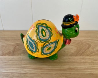 Vintage 1960's Dayglo Painted Turtle Composition Coin Bank!