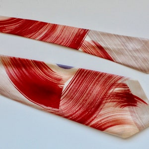 Vintage 1940s/1950s Hand Painted Wide Satin Necktie Abstract Brushstroke Design Red, Grey, Tan image 2